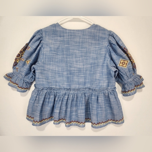Free People Embroidered Blue Ruffle Sleeve Top Size XS - Picture 10 of 10